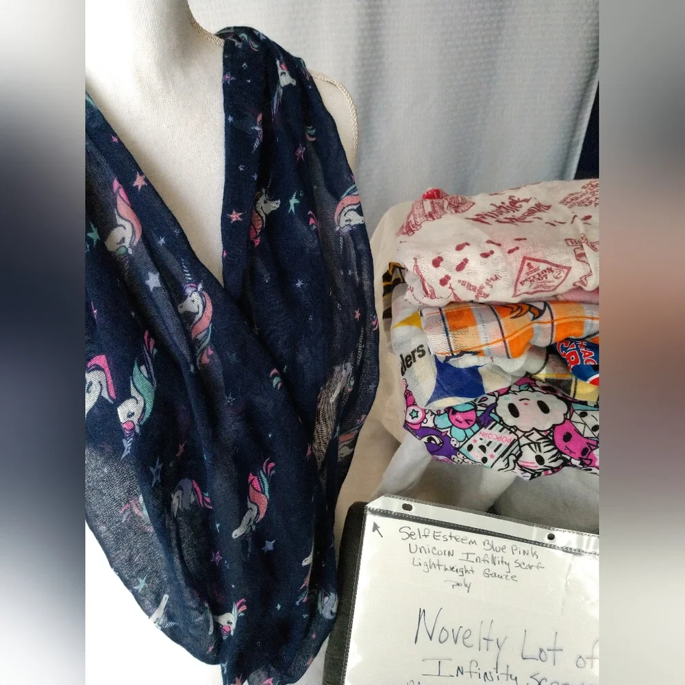 Novelty Infinity Scarf Lot of 7 Fun Fashion Scarves Sports Unicorn Tokidoki Etc